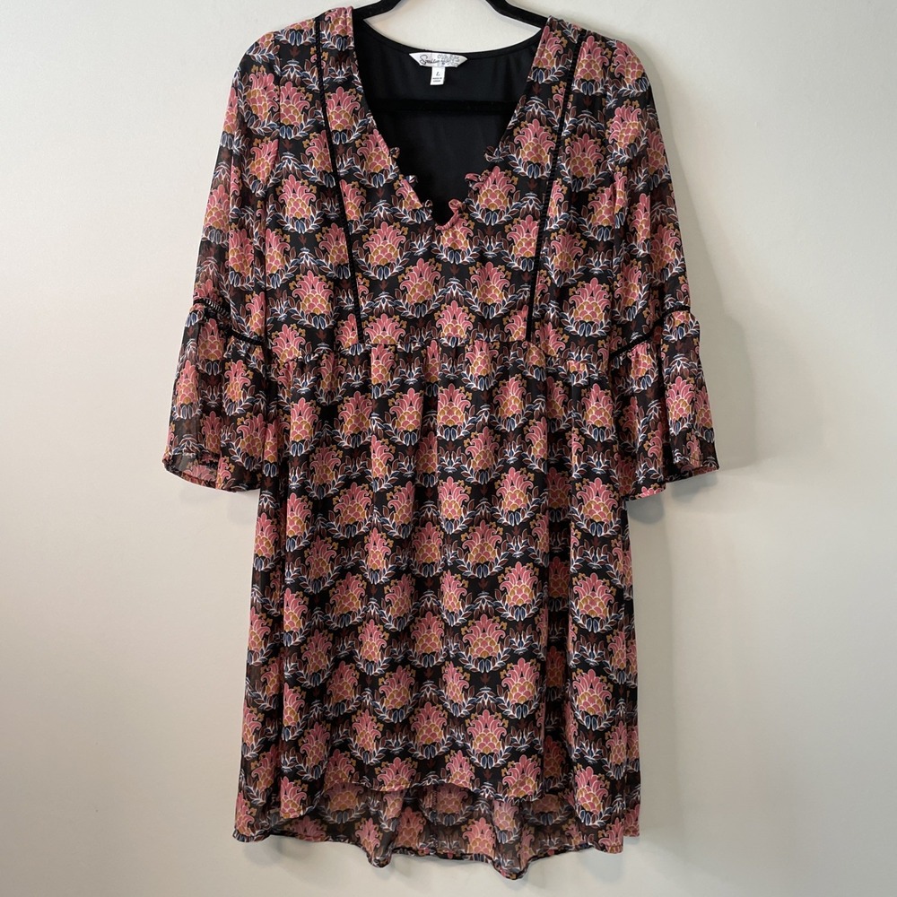 Speechless Large Floral Bell Sleeve Dress Boho Black Pink High Low